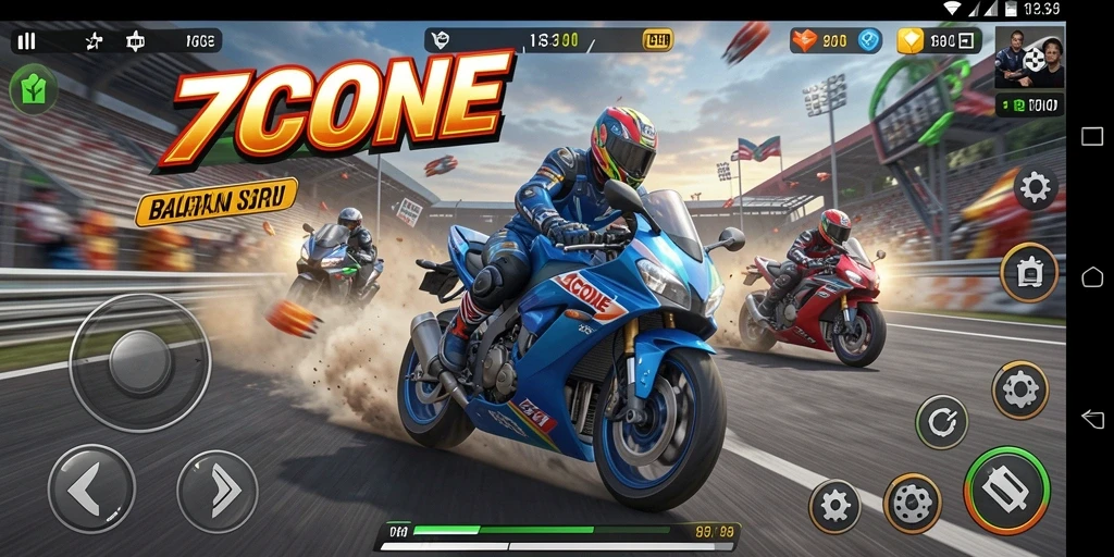 Screenshot 7CONE menampilkan aksi balapan motor yang mendebarkan.
