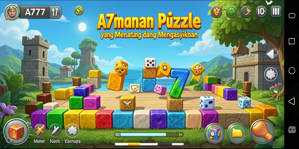 Screenshot utama A7777 menunjukkan gameplay puzzle yang mendebarkan.