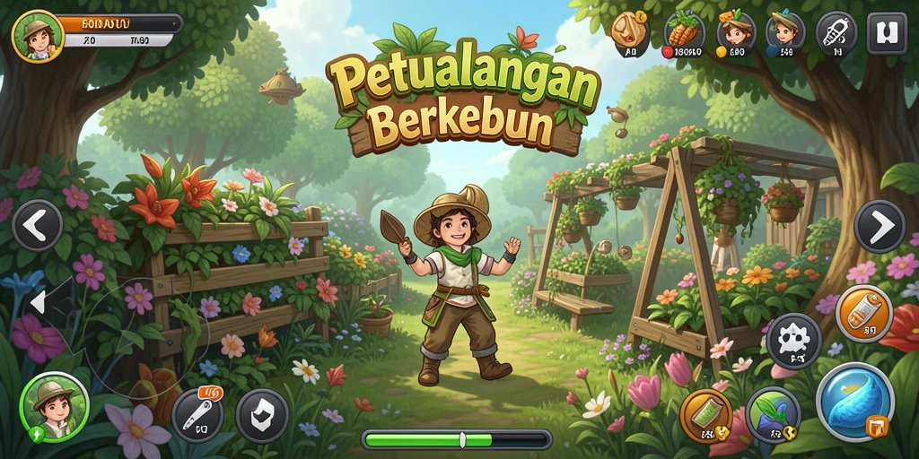 Screenshot gameplay FA99 menampilkan pertanian yang subur dan hewan ternak yang sehat.