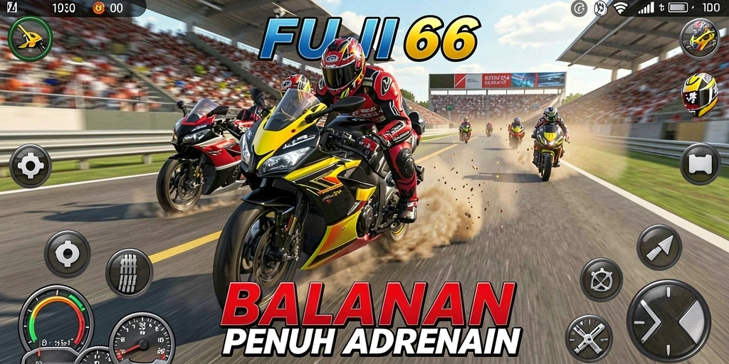 Screenshot gameplay FUJI66 menampilkan balapan motor seru di trek urban.