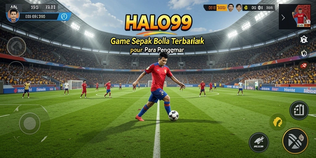 Tangkapan layar gameplay HALO99 menampilkan aksi seru di lapangan sepak bola.