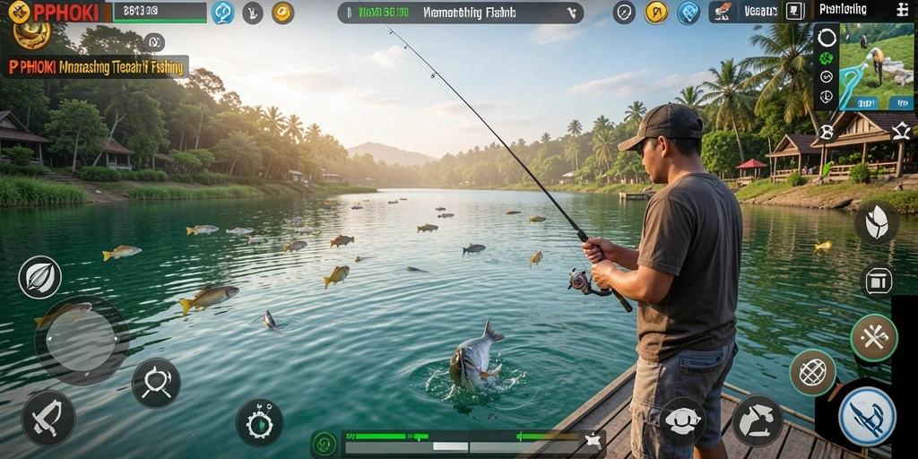 Tangkapan layar dari gameplay menarik PPHOKI yang memperlihatkan pengalaman memancing.