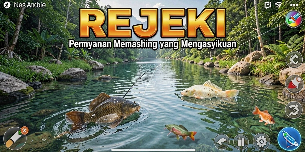 Tampilan gameplay REJEKI dengan aksi memancing yang seru.