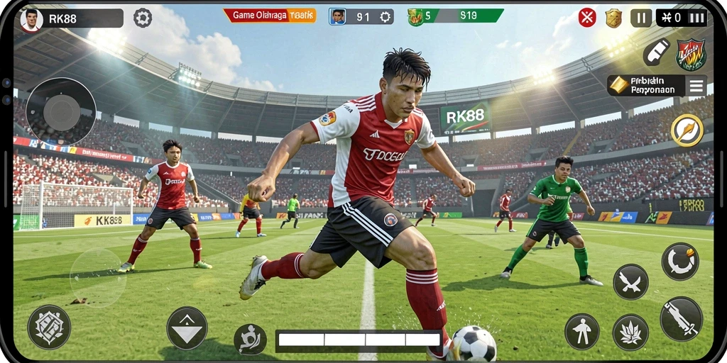 Screenshot dari gameplay RK88 yang menunjukkan aksi olahraga yang mendebarkan.