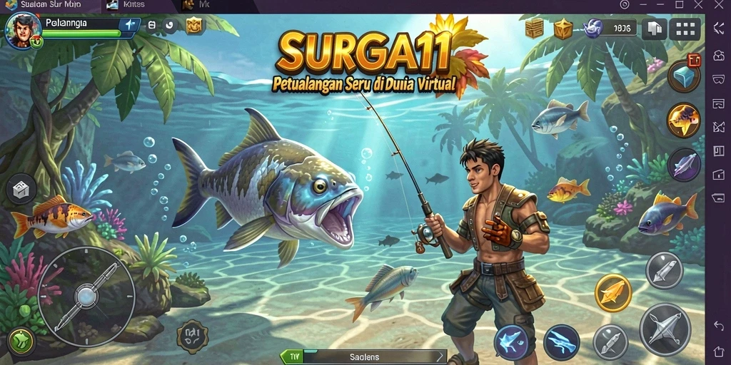 Screenshot utama SURGA11 menampilkan pemain yang sedang memancing di lokasi yang indah.